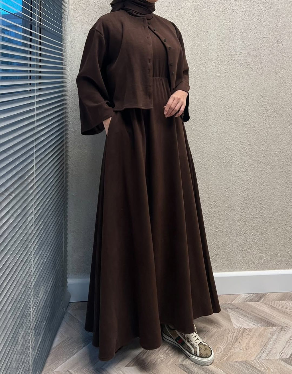 CH 608 - 2 Pcs Winter Outfit Long Frock With Upper Fleece Jacket - SAIMWEAR