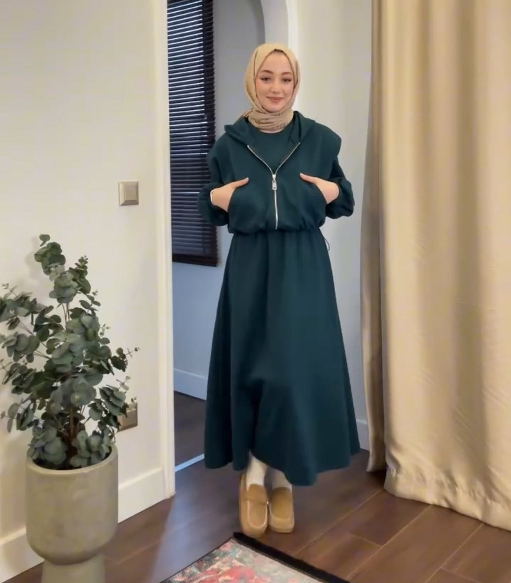 CH 508 Saimwear 2 Pcs Winter Outfit Long Frock With Upper Fleece Hoodie